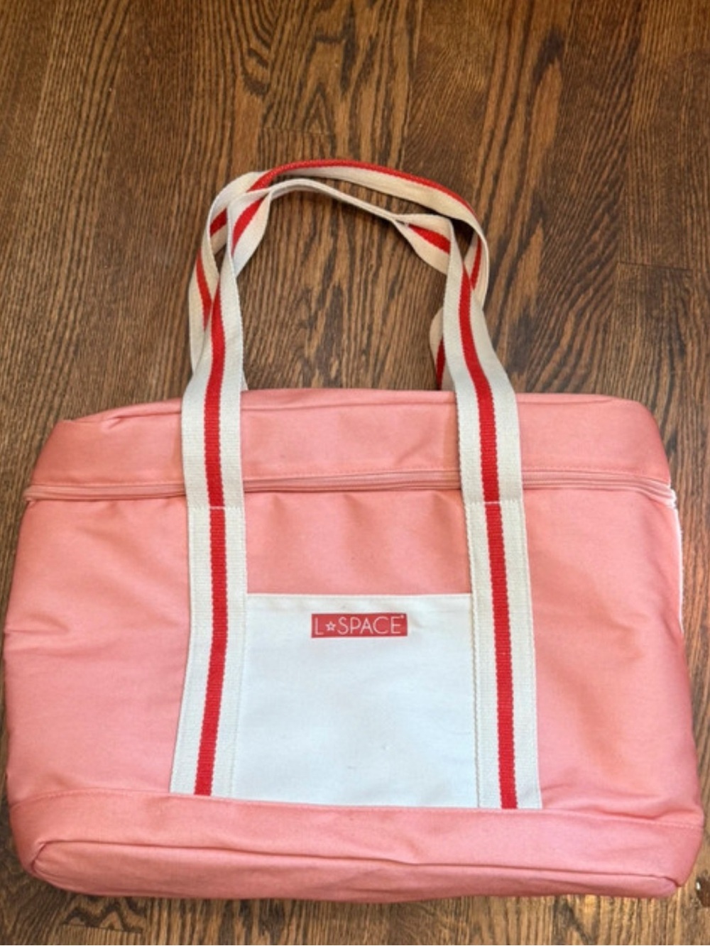 l*space Coral Pink Canvas Tote with Cream and Red Striped Handles